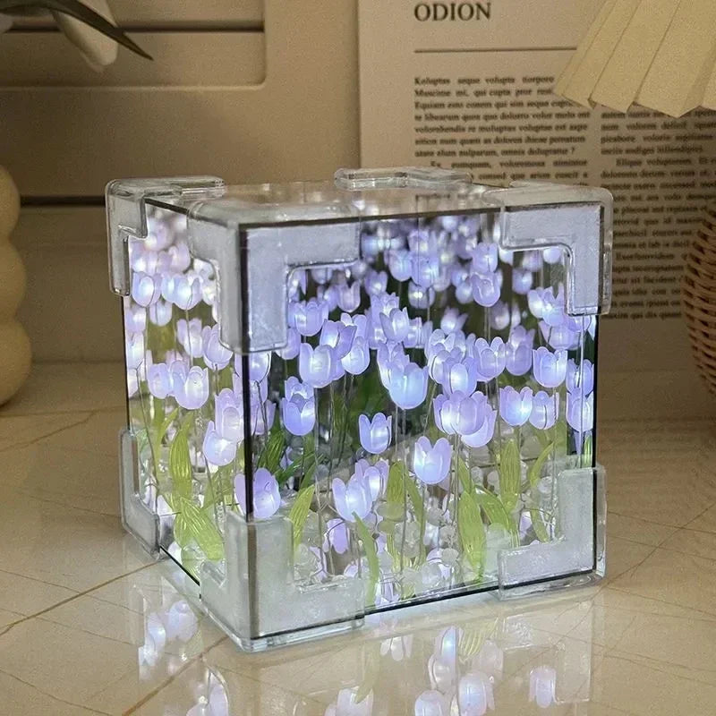 WishStore™ Tulip Mirror Cube Lamp Simulation Flower Craft Tulips Mirror Night Light